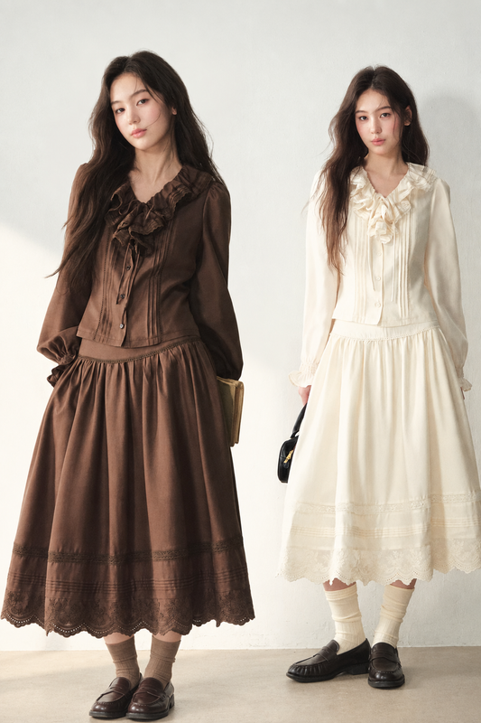 Lyocell Wool Ruffle Shirt and Skirt Set-Up