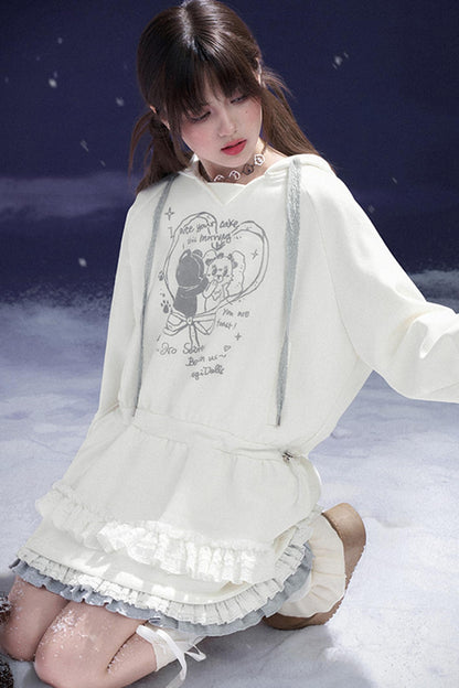 White Print Hooded Sweatshirt Dress