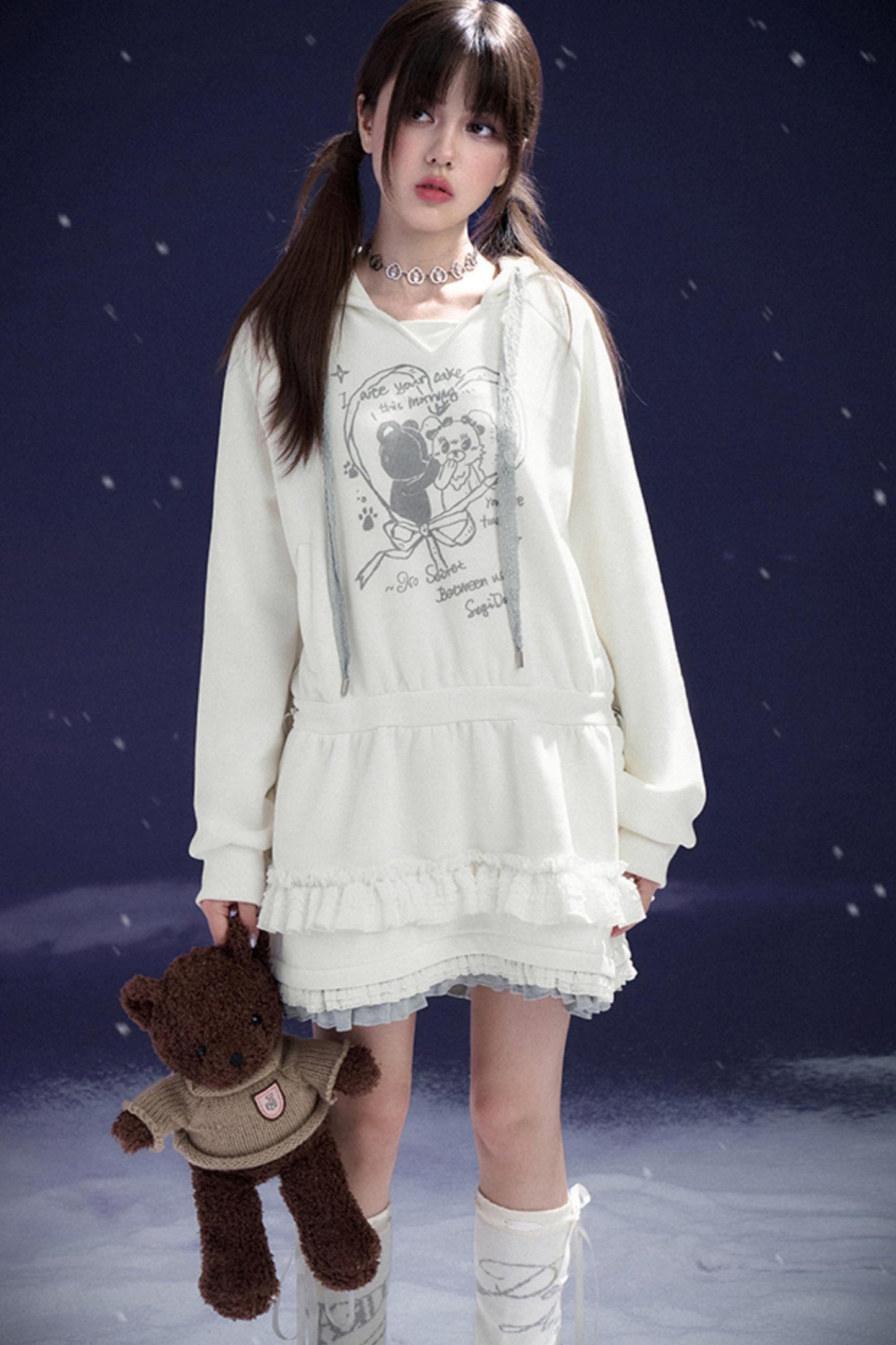 White Print Hooded Sweatshirt Dress