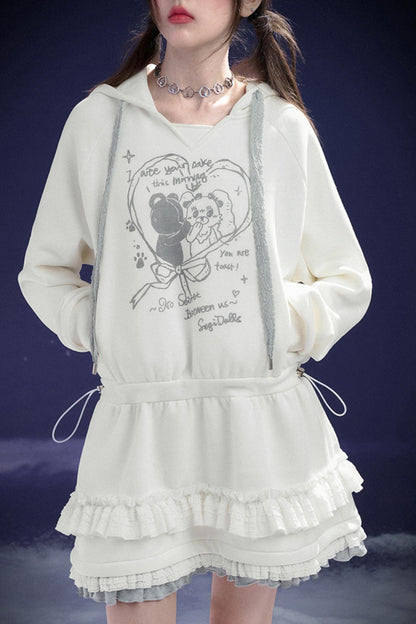 White Print Hooded Sweatshirt Dress