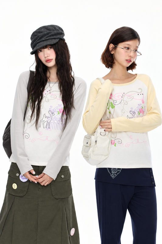 Deer Rose Print Long Sleeve Raglan Tee