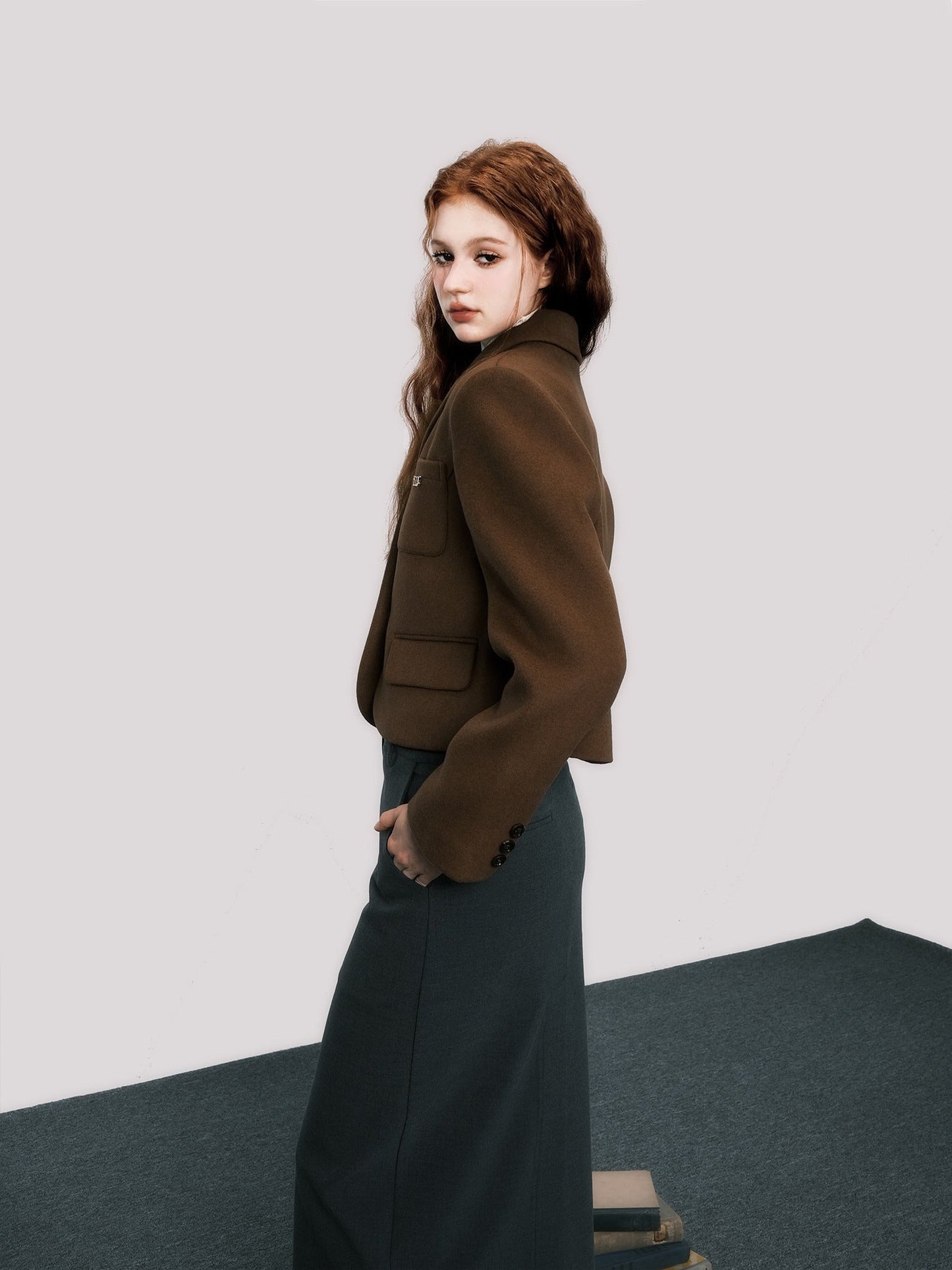 Maillard vintage brown cropped wool blazer coat