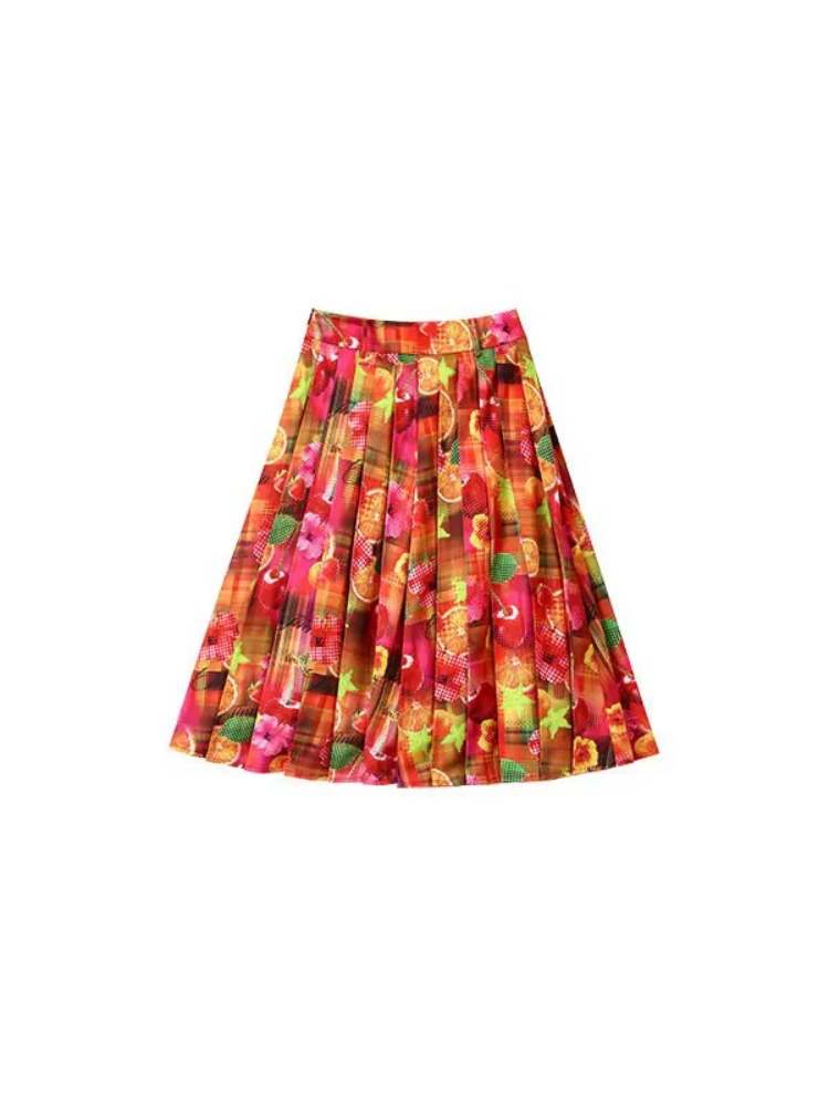 Summer Fruit Dopamine Print Low Waist A-Line Skirt