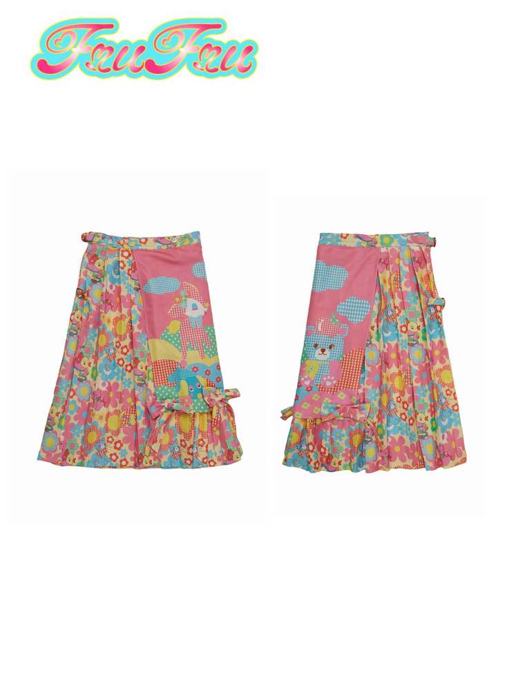 Retro Deer Print Slim Pleated Skirt