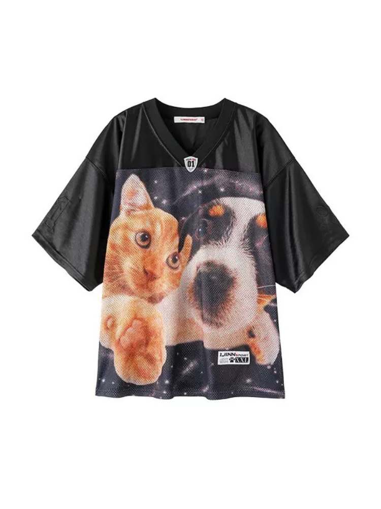 Dog & Cat Print Oversized V-Neck T-Shirt