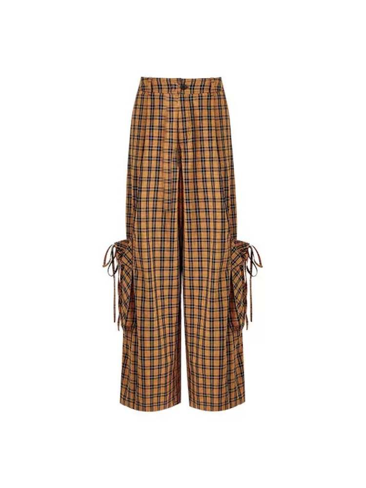 Gradient Plaid Pattern Wide Leg Cargo Pants