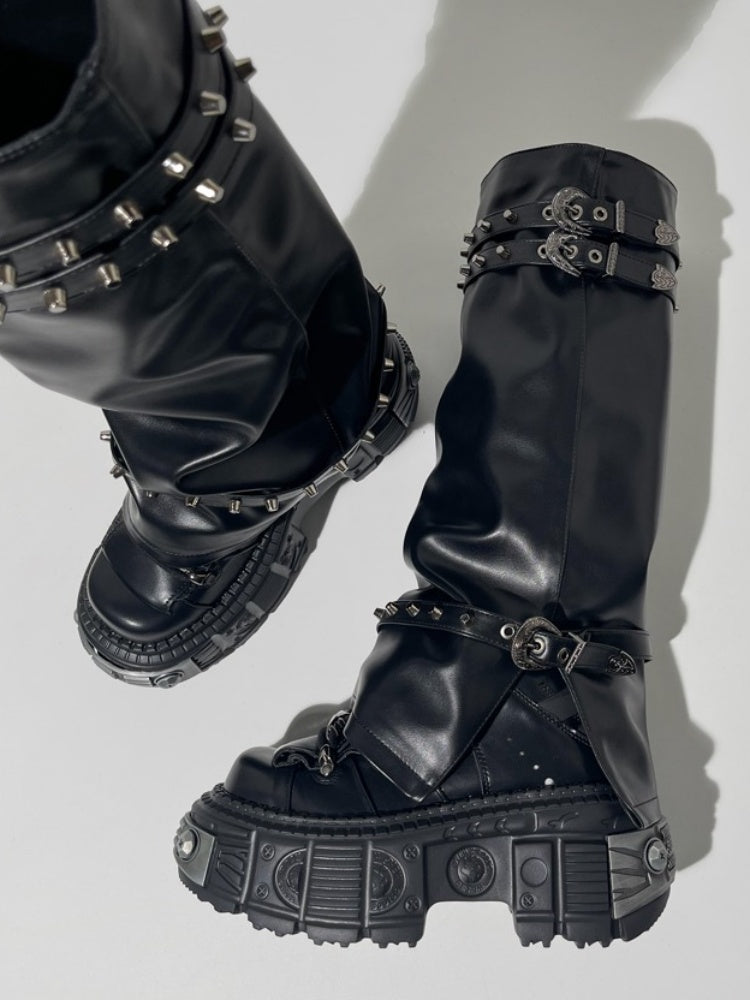 Y2K Retro Punk Style Eyelet Triple Belt Volume Sole Long Tube Boots