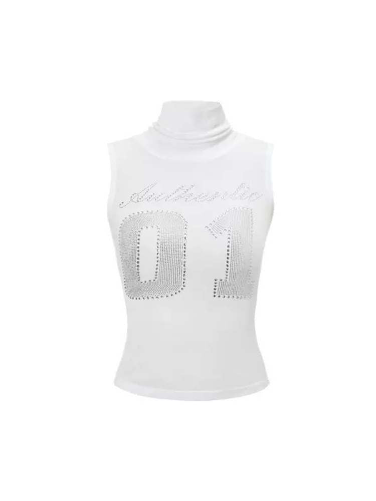 Rhinestone Numbers High Neck Mesh Vest