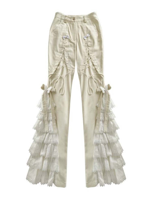 Lace-Up Tiered Bowknots Flared Pants