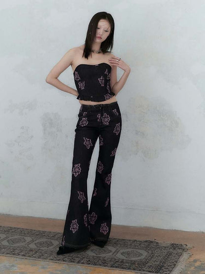 Denim Rose Print Tube Top & Bell Pants