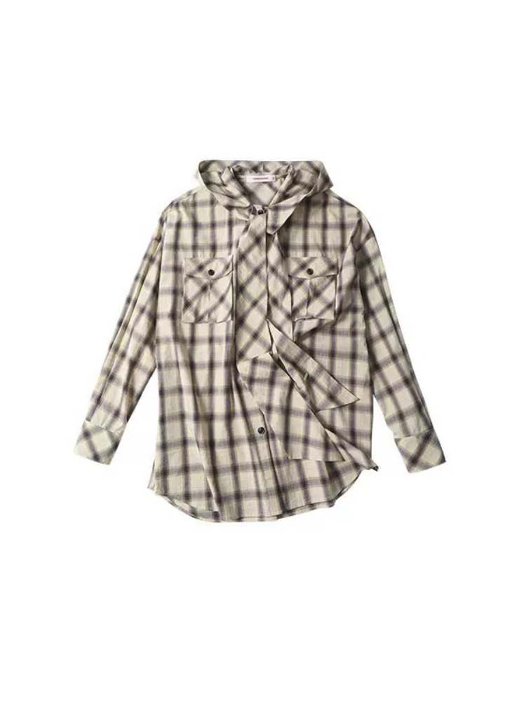 Gradient Plaid Casual Hooded Shirt