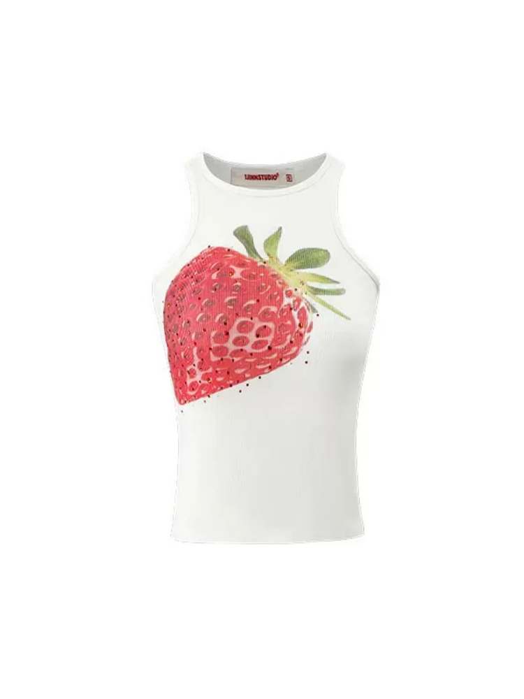 Summer Fruit Print Round Neck Slim Tank Top