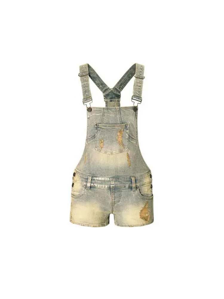 Denim Distressed Vintage Suspender Pants