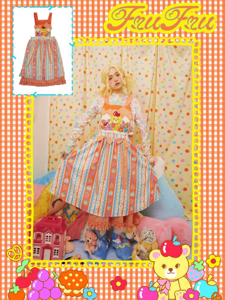 Cartoon Bear Plaid Splicing Embroidered Apron Dress