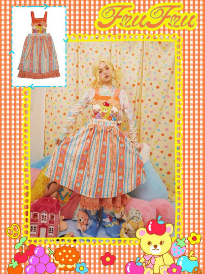 Cartoon Bear Plaid Splicing Embroidered Apron Dress