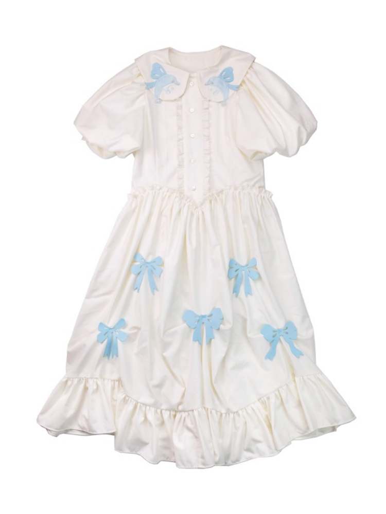 Dolphin Princess Ribbon Embroidery Puff Sleeve Dress