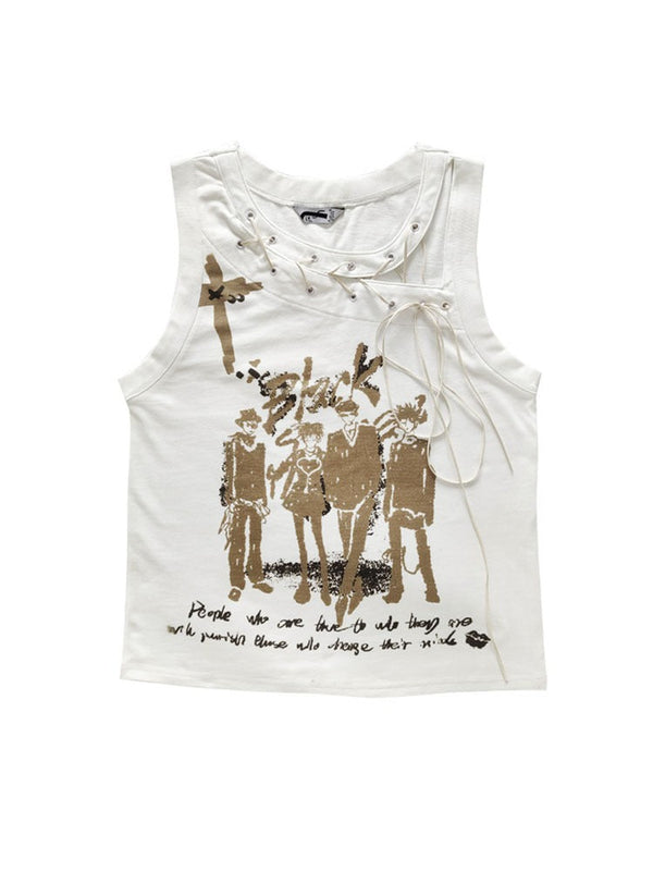 Cut Out Lace Up Print Tank Top