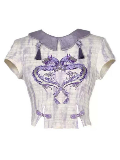 Chinese Style Dragon Print Stretch Knit T-Shirt