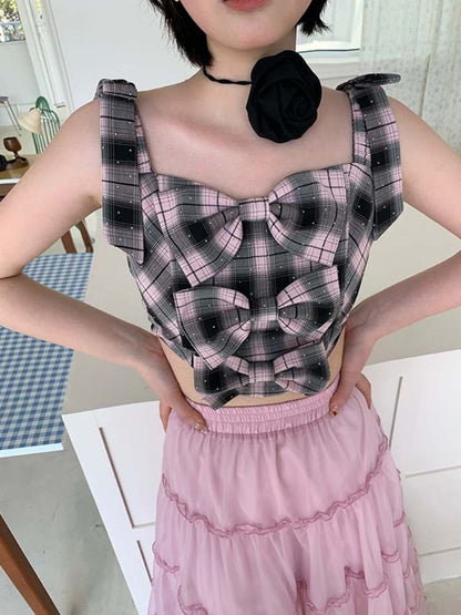 Ribbon Rhinestone Plaid Suspenders Bustier