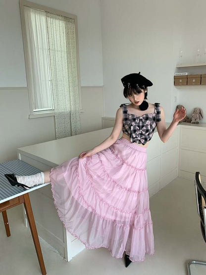 Cherry Blossoms Splice Mesh Volume Tiered Skirt