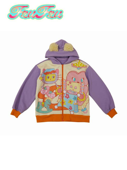 Cartoon Print Plus Velvet Hoodie