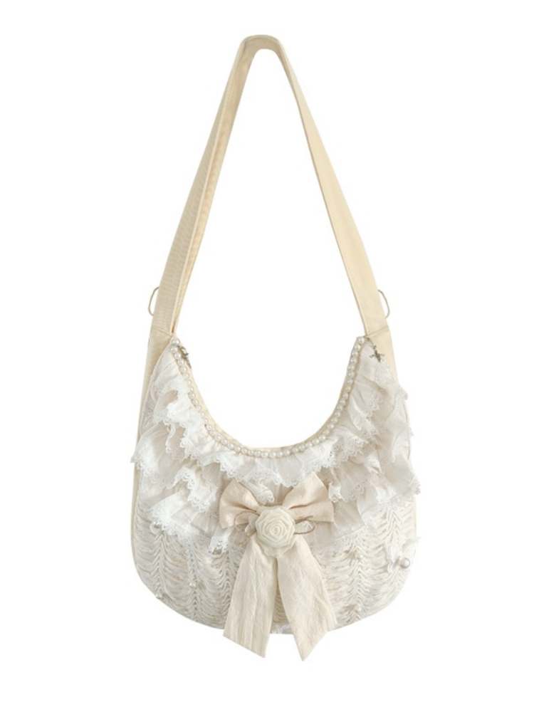 Bead & Butterfly Bowknot Canvas Ruffle Trim Crossbody Bag