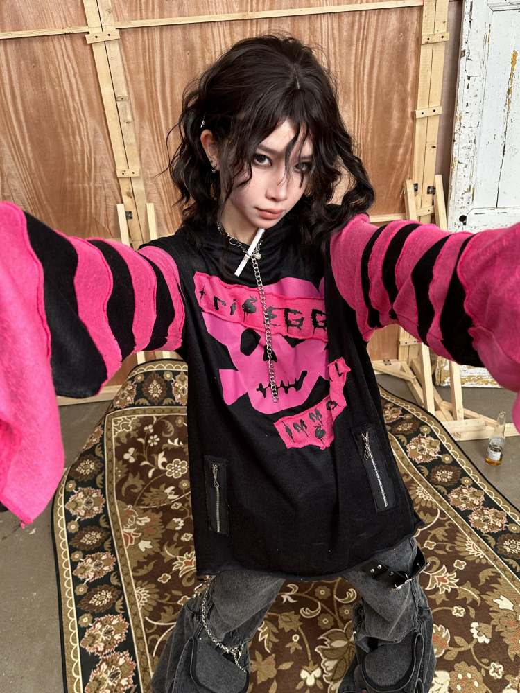 Rock Punk Skull Print Striped Sleeve Hoodie