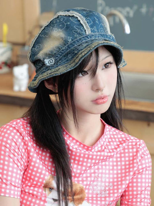 Y2K Retro Japanese Style Angel Wings Denim Fisherman Hat