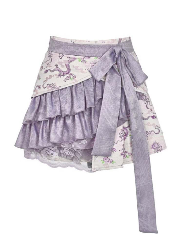 Dragon Pattern Chinese Style Layered Pleated Mini Skirt