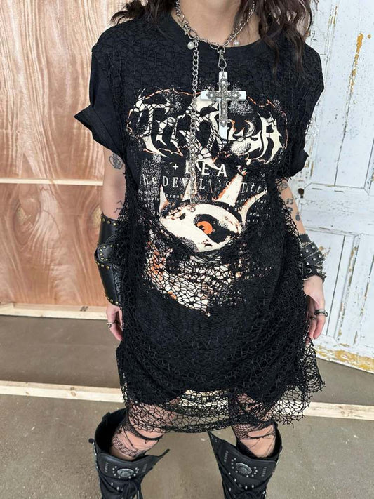 Batik Skull Print Fake Two Piece Mesh Punk Tee