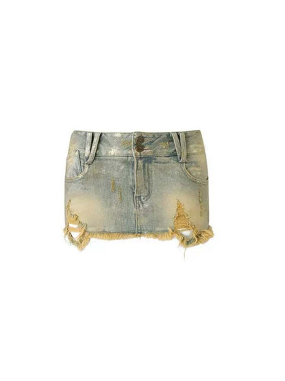 Low Waist Distressed Denim Mini Skirt