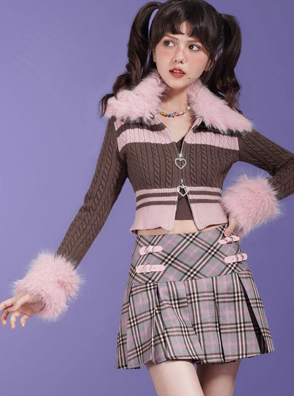 Double Zip Knit Sweater Detachable Fur Tops