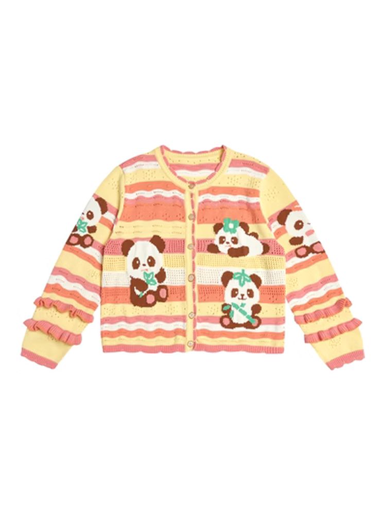 Panda print striped knit cardigan