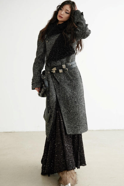 Double-Collar Long Tweed Coat