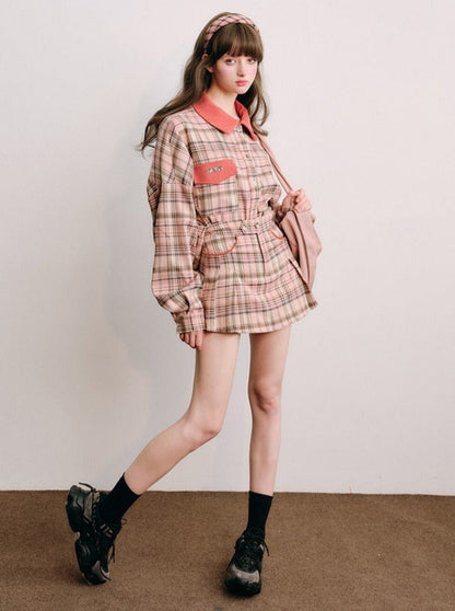 Plaid coat and skirt sets