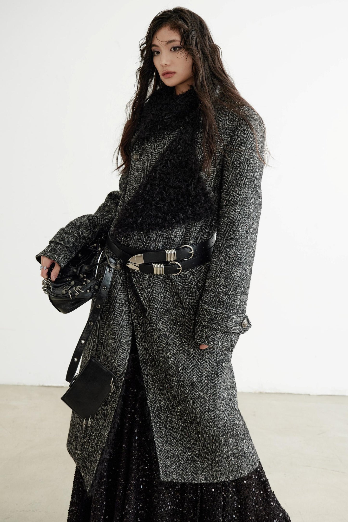 Double-Collar Long Tweed Coat