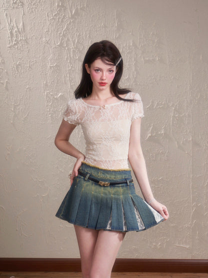 Vintage lace denim vest top pleated skirt Set