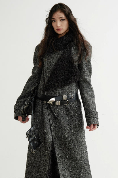 Double-Collar Long Tweed Coat