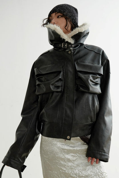 Fur Collar PU Leather Turtleneck Jacket