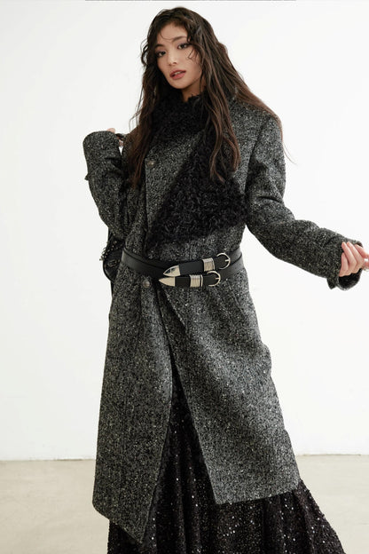 Double-Collar Long Tweed Coat