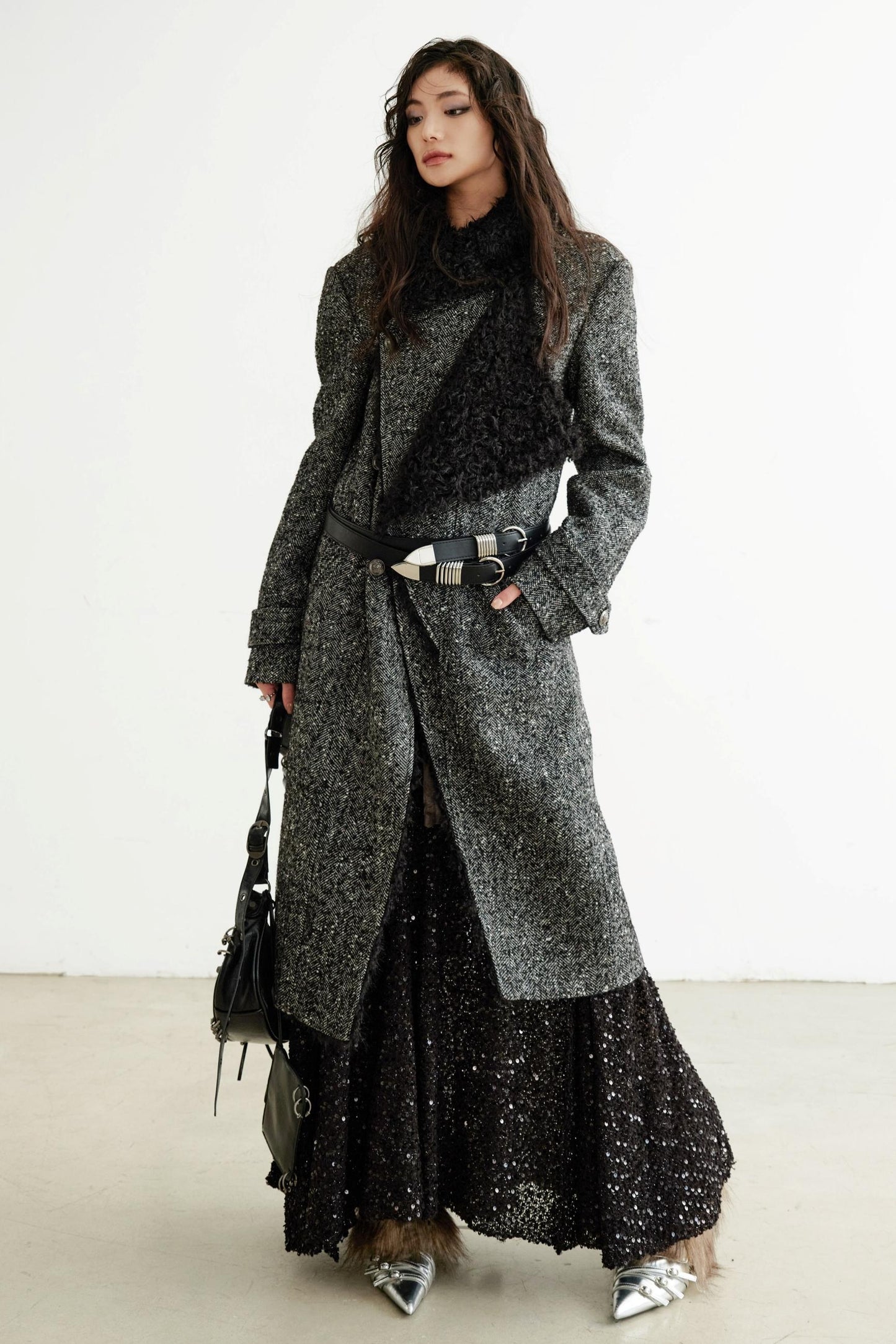 Double-Collar Long Tweed Coat