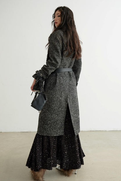 Double-Collar Long Tweed Coat