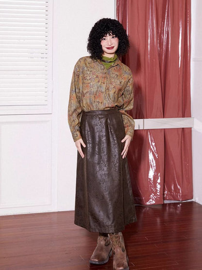 Retro Print Leather A-Line Skirt