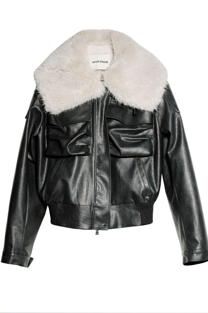 Fur Collar PU Leather Turtleneck Jacket