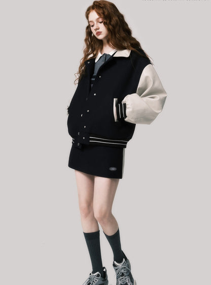 American baseball uniform woolen coat skirt set