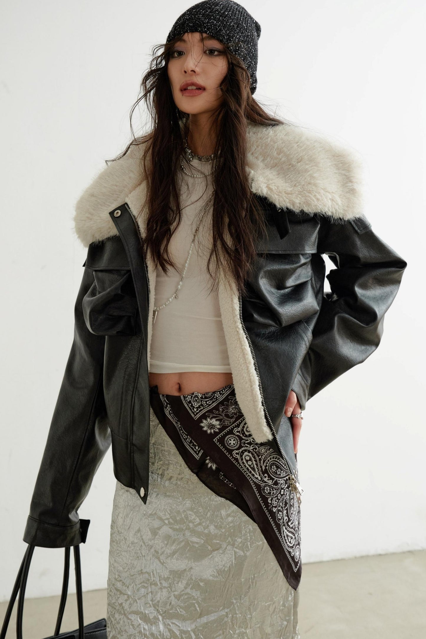 Fur Collar PU Leather Turtleneck Jacket