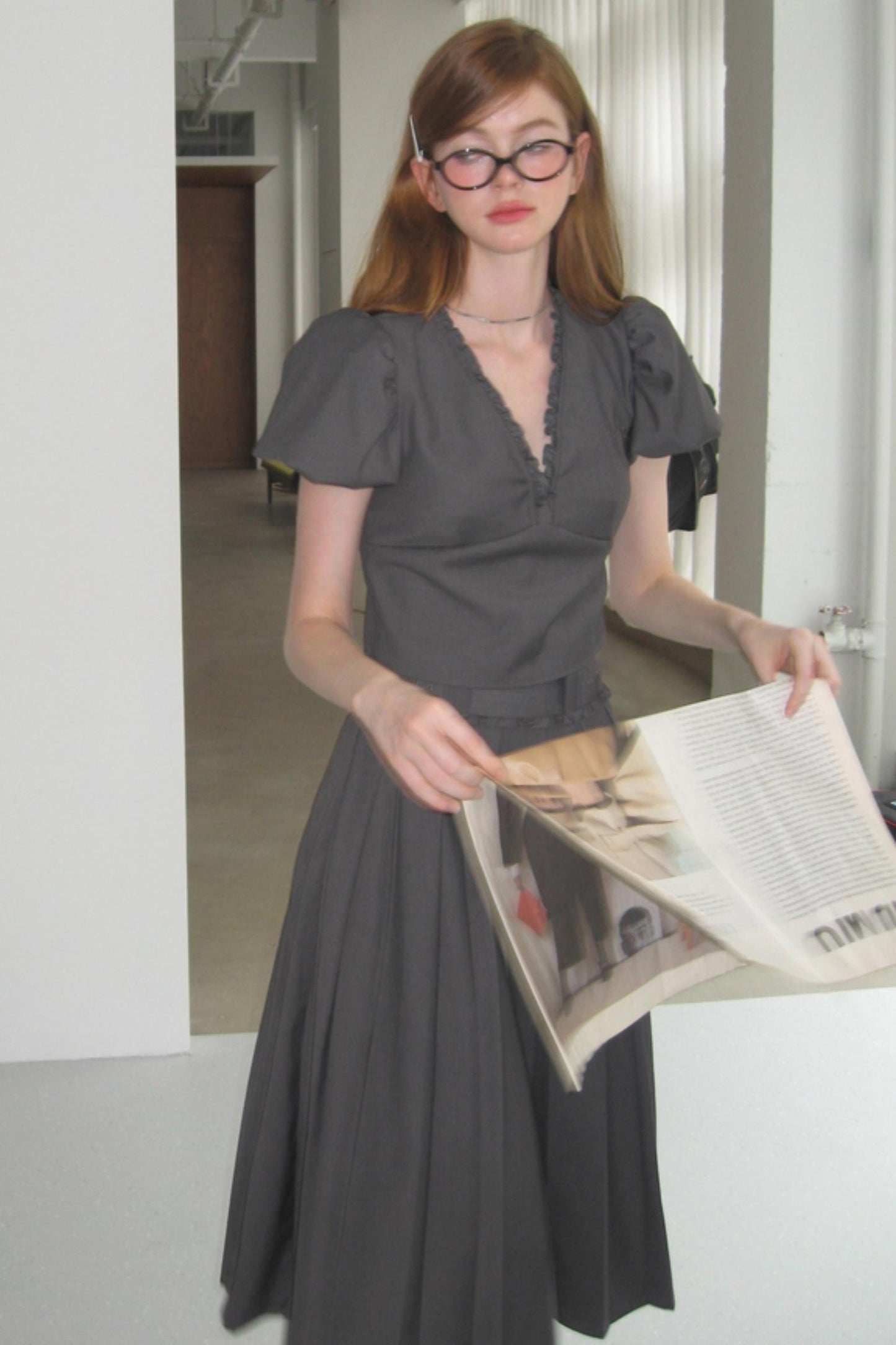 Dark Gray Pleated Skirt Set-Up