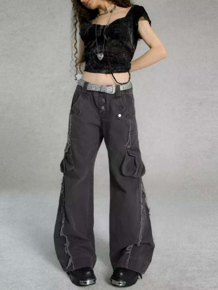 Straight Loose Washed Distressed Trumpet Mop Pants