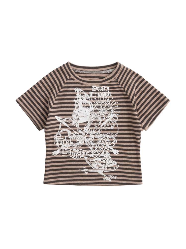 "Confused Captain" Print Striped Short Sleeve T-Shirt