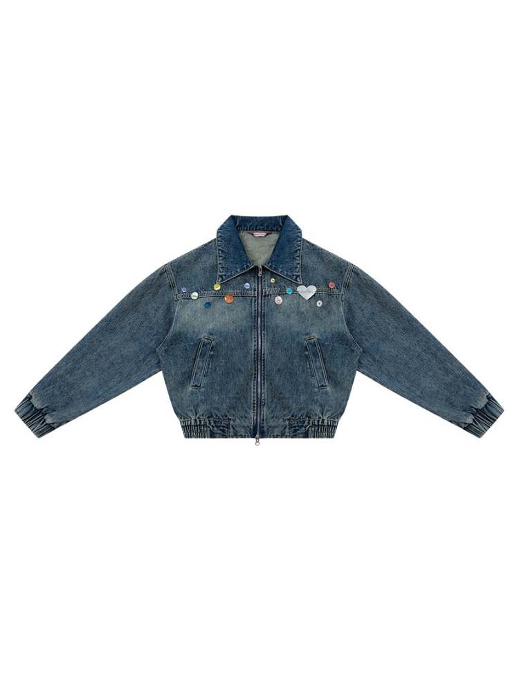 Colorful Buttons Washed Denim Jacket